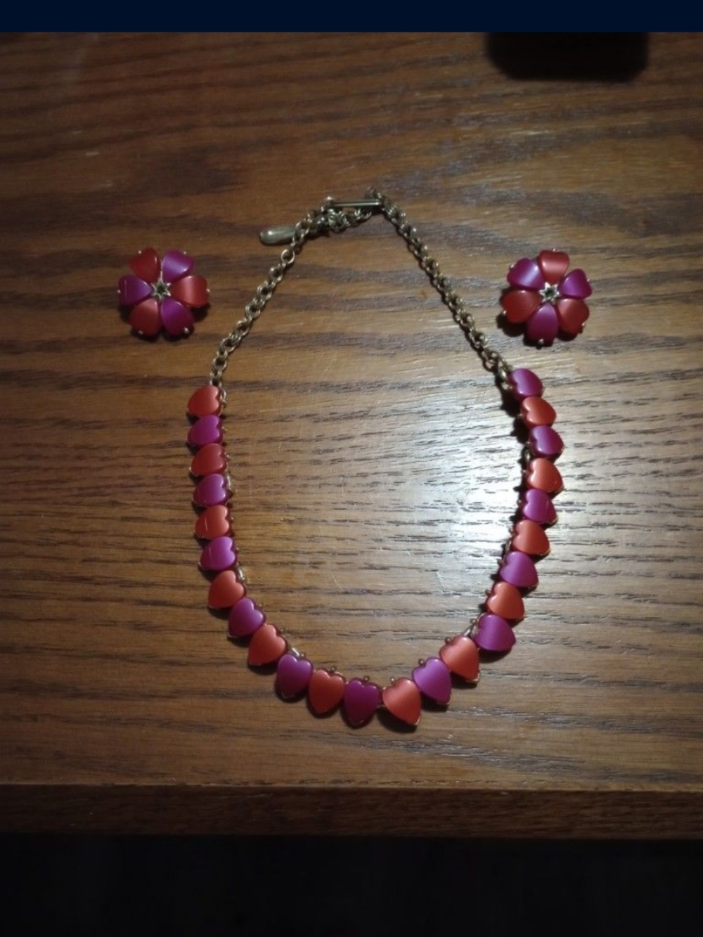 Vintage 1950s Bold  Pink & Red Heart Necklace with Matching Clip Flower Earrings